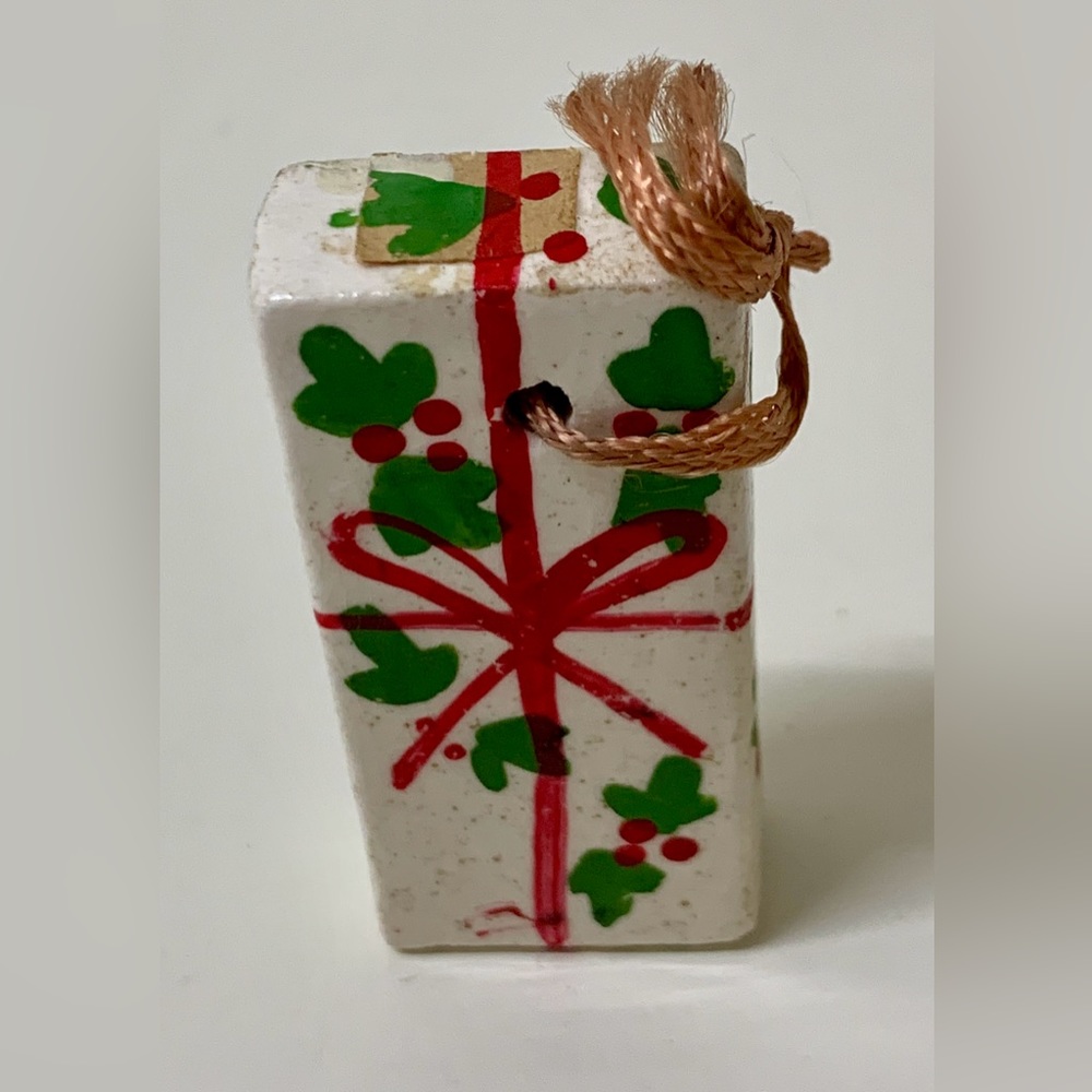 Mid Century Post WWII Japan Antique Glazed Ceramic Christmas Present Ornament
